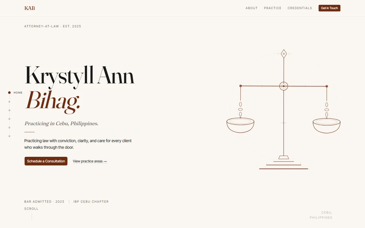 The Atty. Bihag home page: the name set in a serif display face beside a line drawing of a balanced scale
