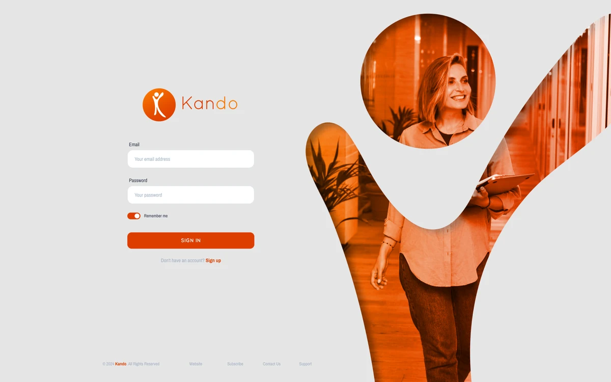 The Kando sign-in screen, showing the wordmark, the sign-in form and the brand's figure motif